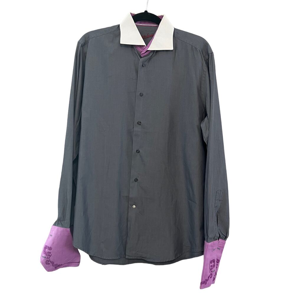 Robert Graham Blue Gray Button Down Shirt Purple Embroidered Flip Cuff 42/16.5